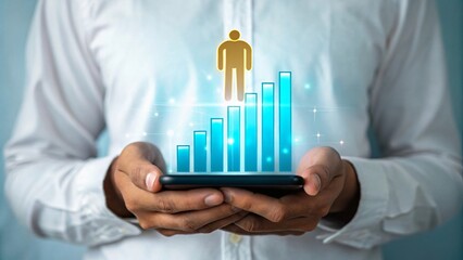 Person holding phone with growth chart business success