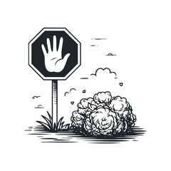 Naklejka premium Hand Stop Sign Next to Bush in Monochrome Illustration. Hand drawn vector illustration