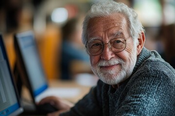 Portrait of a senior participating in a computer and technology education class, demonstrating their engagement and enthusiasm for learning new skills in a digital world, Generative AI