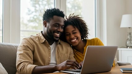 A joyful black couple shares a laugh while using a laptop together at home - Powered by Adobe