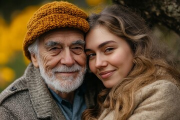 Adult daughter  her elderly father outdoors in a park on a spring day, capturing a heartfelt moment of intergenerational bonding and affection, Generative AI