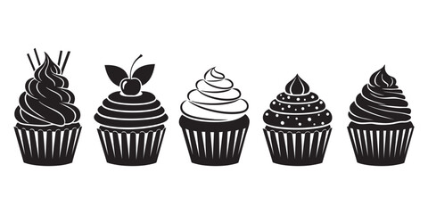 Cupcake Silhouette Vector Set – Black and White Dessert Icons Collection