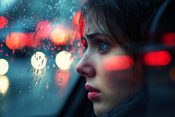 Upset woman driving her car in the city, reflecting on emotions and personal challenges in an urban setting, Generative AI
