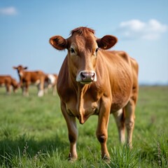 Obraz premium Brown cow stands in green pasture under blue sky. Herd grazes in background. Natural farming scene with healthy animals in open fields. Focus on one cow eating grass.