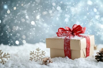 Holiday gift box with snowflakes on solid texture