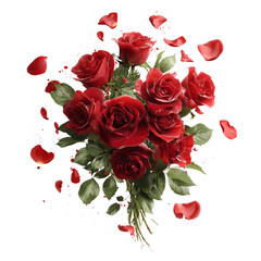 Romantic bouquet of red roses and floating petals, isolated on transparent background