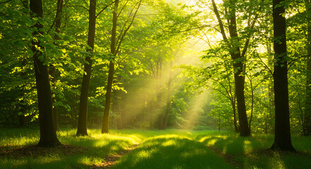 Fototapeta premium A serene forest path illuminated by magical sunbeams. The sun's golden rays create a peaceful and hopeful atmosphere in the lush green woods.