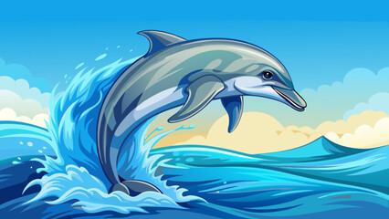 The dolphin jumping out of water, bottlenose arcs gracefully against a soft blue sky. Semi-realistic detail reveals smooth skin, lively eyes, and the playful spirit of this majestic marine moment.