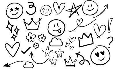 Smile brush hand drawn vector element set. crown symbol crayon texture marker background kid sketch style hand drawn element. Color smiley face, arrow. Emoji fun face, heart Vector illustration white 