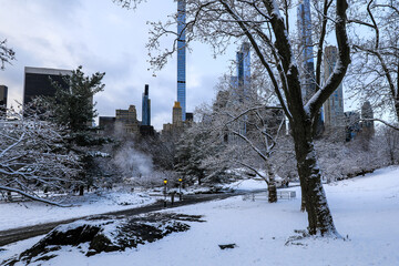 Winter view of Central Park, New York covered in snow during early morning