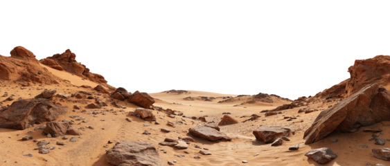 Desolate arid landscape with rocky terrain under dark sky in desert area with sandy ground feature