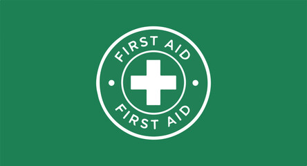 Obraz premium First Aid Vector Symbol with White Cross and Text 'FIRST AID' on Green Background