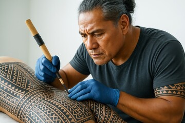 Traditional tattoo artist focused while creating intricate tribal body art using hand tools on a person's back in a bright indoor setting. Ai generative