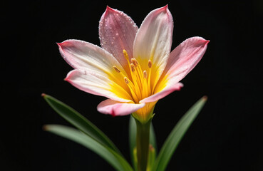 Fototapeta premium Macro shot of single alstroemeria flower with pale pink, yellow petals, covered in dew drops against black background. Delicate bloom shows green stem, stamens. Features levitation effect, creating