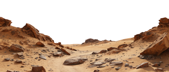 Dry desert landscape with rocks and sandy dunes under a dark sky with rugged formations seen afar