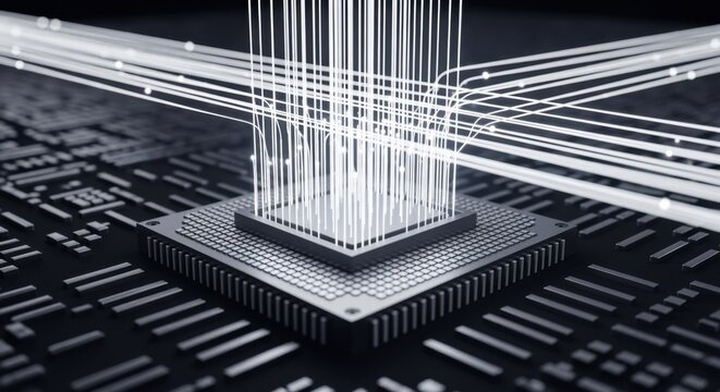 Abstract representation of a microchip with glowing data streams, symbolizing technology and innovation - Powered by Adobe