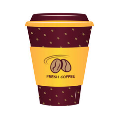 Premium takeaway coffee cup with fresh coffee label and bean design for cafe and branding use