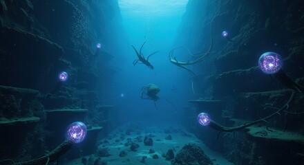 Fototapeta premium Underwater scene depicting a diver exploring an ancient submerged city with glowing orbs