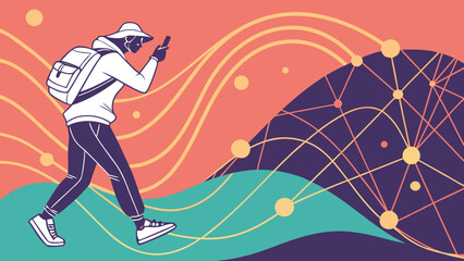 Illustration of a person walking with a backpack looking at a phone against a network background