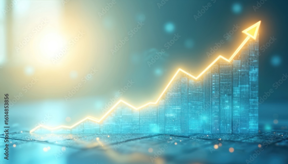 Poster glowing yellow line graph with arrow ascends across abstract tech interface. digital financial data 