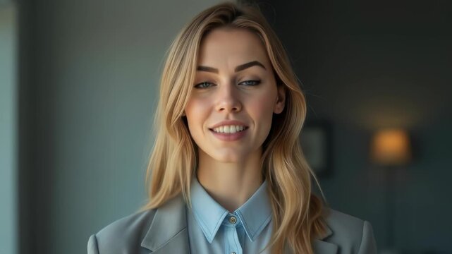 Confident business woman talking on video call in her modern office looking at camera