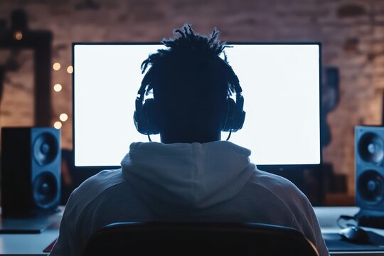 Monitor mockup glowing white in dark room setup - Powered by Adobe