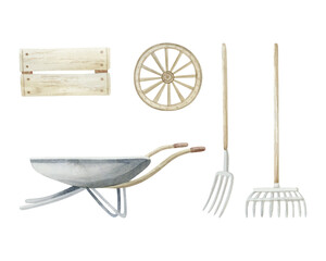 Watercolor gardening tools set isolated on white. Farm wheelbarrow, pitchfork, hay rakes, wooden wheel and crate box. Farming equipment clipart in pastel beige colors and simple style