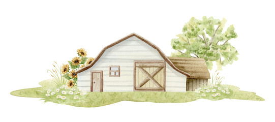 Village farmhouse on blooming meadow grass with green tree and sunflowers watercolor isolated illustration. Hand drawn rural country house or barn clip art for horizontal summer landscape designs