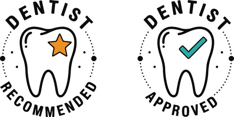  A set of two modern, line-art icons for "Dentist Recommended" and "Dentist Approved". These friendly designs are ideal for websites, social media, and packaging for dental products.