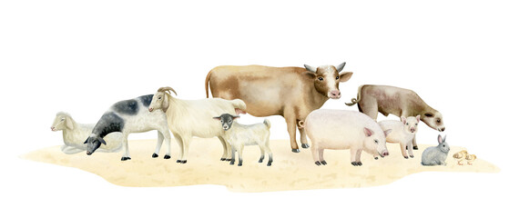 Watercolor farm animals on sand ground isolated illustration in cute simple style. Cow with colt, sheep, goats, pigs, rabbit and baby chickens in pastel colors for horizontal village designs