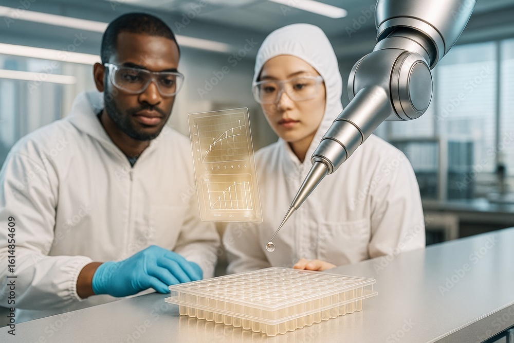 Poster scientists in protective lab gear observing robotic arm performing precise liquid analysis with futu