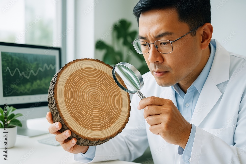 Poster scientist analyzing tree cross-section with magnifying glass in modern lab, studying growth rings an