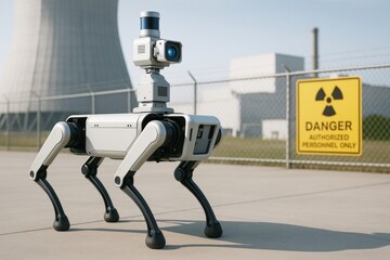 Robot dog with camera sensor patrols nuclear facility under clear sky near radiation warning sign and cooling tower for science surveillance use. Ai generative