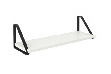 Sleek white floating shelf mounting on black metal brackets, offering contemporary minimalist storage design against transparent backdrop