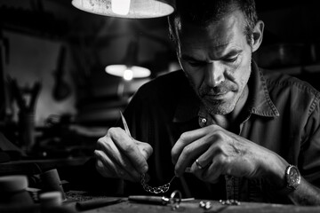 Experienced Watchmaker Examining Intricate Timepiece Mechanism with Magnifying Glass in a Precision Workshop, Generative AI