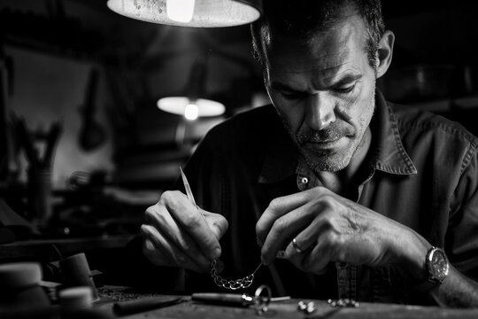 Experienced Watchmaker Examining Intricate Timepiece Mechanism with Magnifying Glass in a Precision Workshop, Generative AI