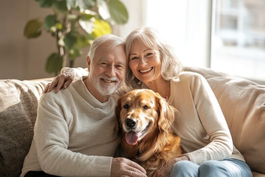 Happy senior couple with dog at home in bright room