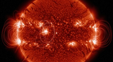 Stunning solar activity showcasing vibrant flares and magnetic fields against a dark backdrop
