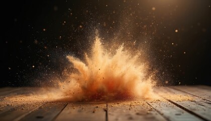 Illustration of wood dust explosion on dark wooden surface. Fine sawdust particles, powder create dynamic, airborne splash with motion, scattered debris. Captures chaotic energy of industrial