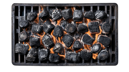 Title: Top View of Flaming Grill with Glowing Fire Coals Isolated on Clean White Background for Barbecue and Cooking Concept