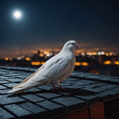 White dove resting on a glowing rooftop at night