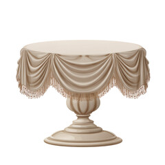 Satin-draped beige round cake table with flat top design, isolated on transparent background