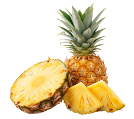 Whole pineapple with juicy slices and half of the fruit showing inner yellow flesh on display