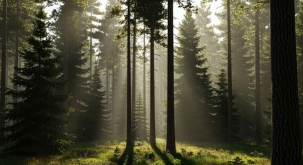 Obraz premium Serene forest landscape with sun rays filtering through tall trees, creating a peaceful atmosphere