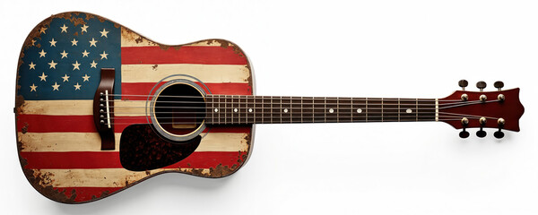 Vintage acoustic guitar displays American flag pattern, showing significant wear, distress from years of use. Unbranded country music instrument embodies rustic charm, retro aesthetic, rich heritage.
