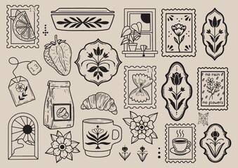 black and white hand drawn isolated graphic design elements and clip art on white background