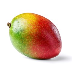 Vibrant ripe mango with dew drops showcasing a spectrum of colors isolated on white background