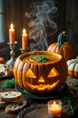 Obraz premium Pumpkin Soup Served in a Carved Jack-O'-Lantern
