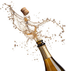 Cork flying from champagne bottle with splash and bubbles isolated on black background