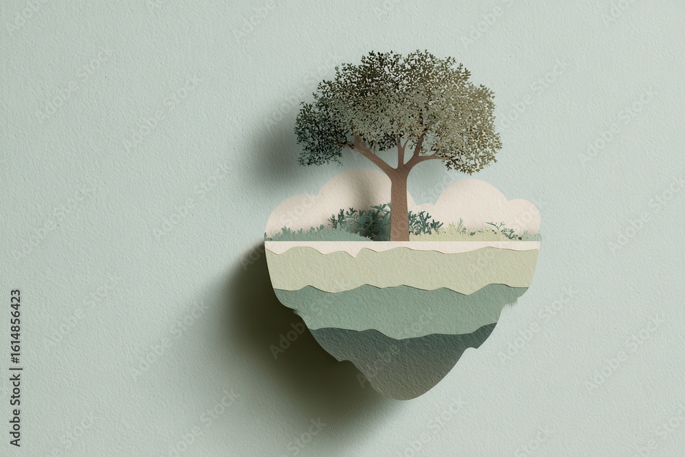 Poster artistic paper cutout of tree in a floating landscape with soft colors